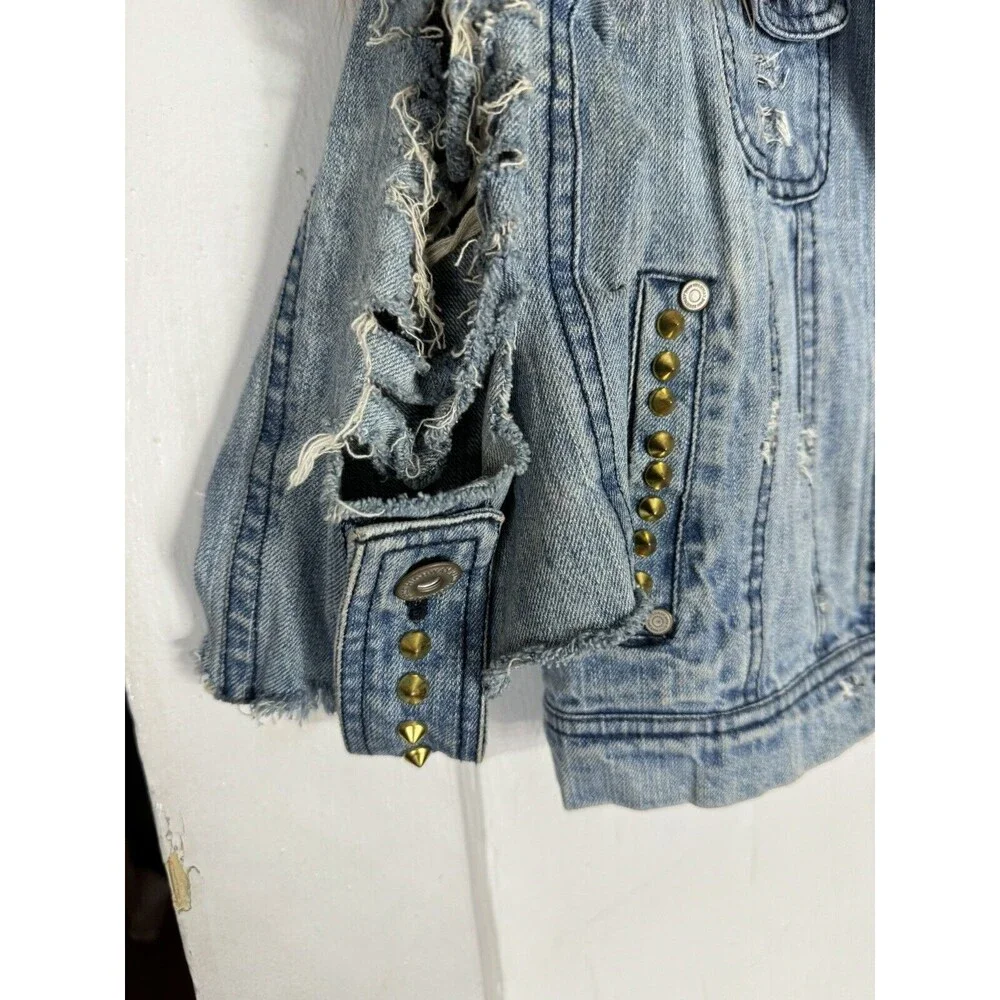 Custom Fox‎ Fur Denim Spiked Jacket Jeans Rock Metal Punk Luxury Glam Large - Picture 3 of 7